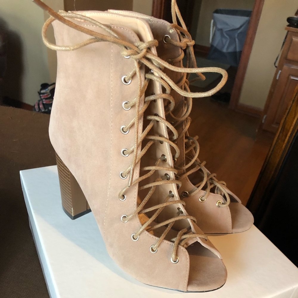 J Adams lace up tan peep toe heels